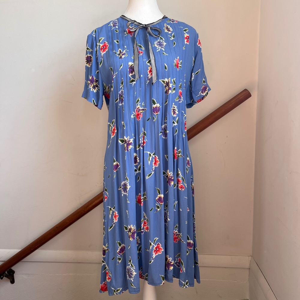 Vintage 90s Floral Midi Dress Blue Pleated Tie Neck Rayon Feminine Grunge Medium